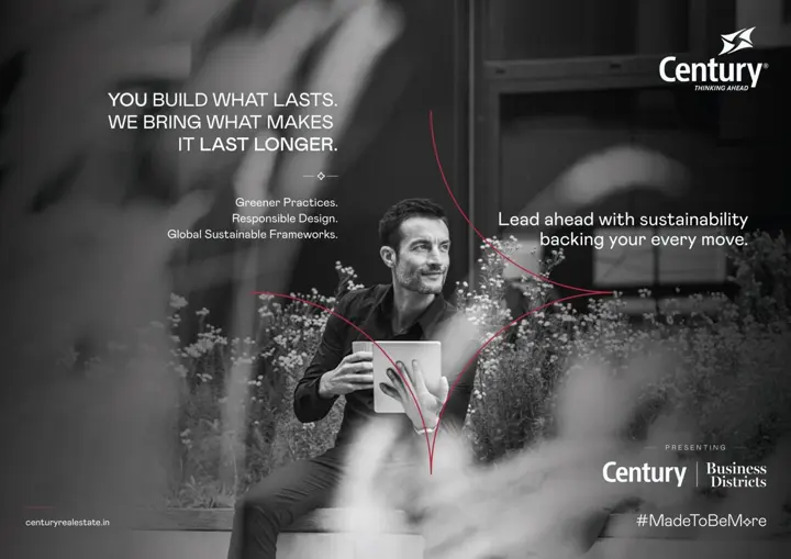 Black-and-white print ad of a man with a tablet in a garden; headline about sustainability.
