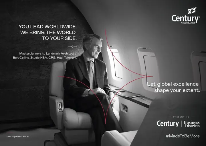 Black-and-white print ad of an executive in a private jet; headline “You lead worldwide. We bring the world to your side.”