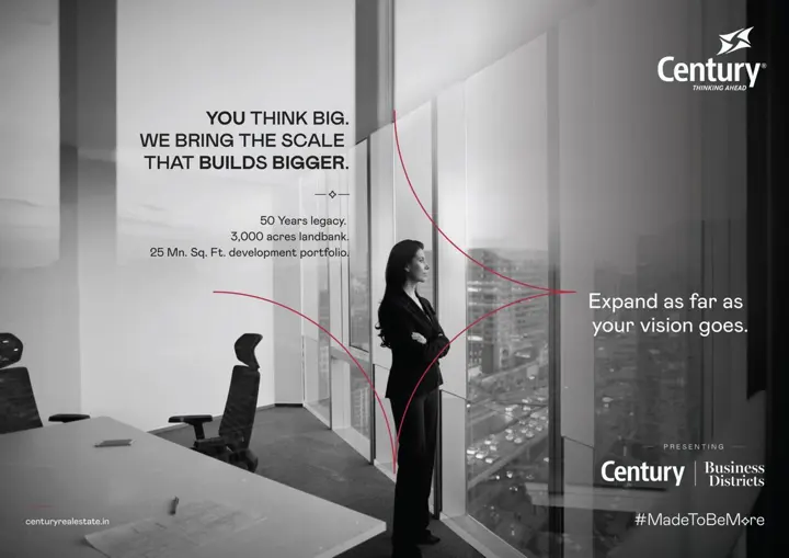 Black-and-white print ad of a woman looking out of an office window; headline “You think big. We bring the scale that builds bigger.”