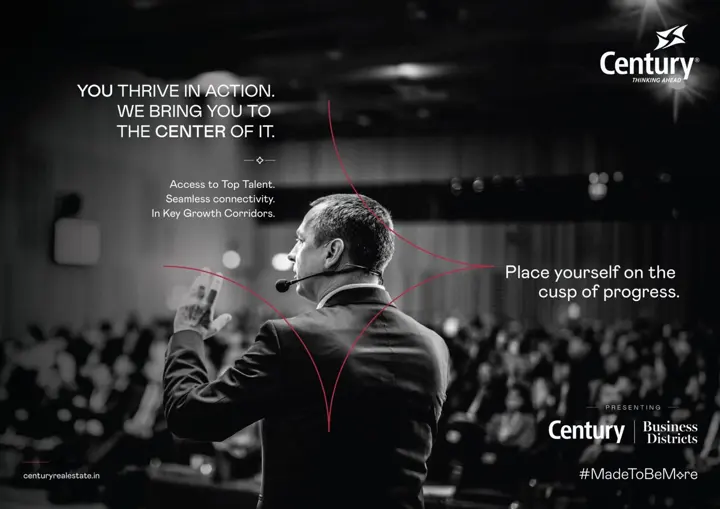 Black-and-white print ad of a speaker on stage with red arc graphics; headline “You thrive in action. We bring you to the center of it.”