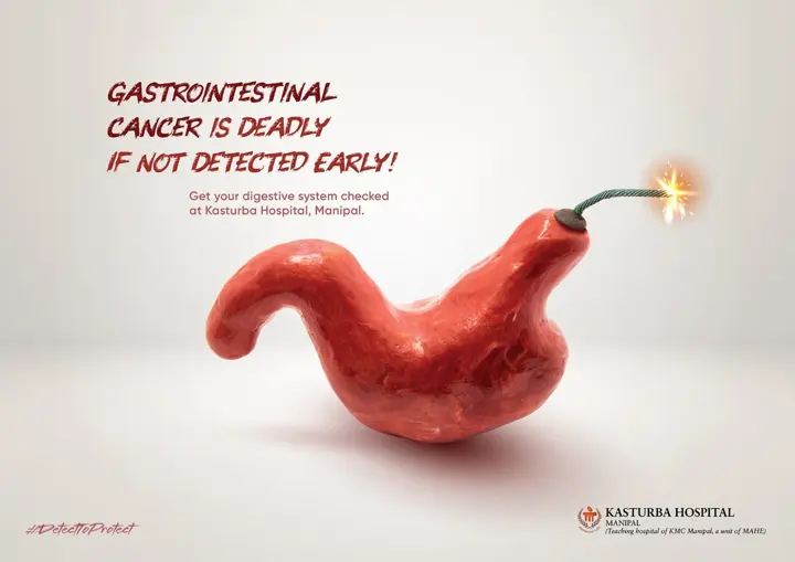 Hoarding: a stomach shaped like a grenade with a lit fuse; “Gastrointestinal cancer is deadly if not detected early.”