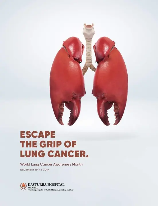 Lungs shaped like crab claws: “Escape the grip of lung cancer.”