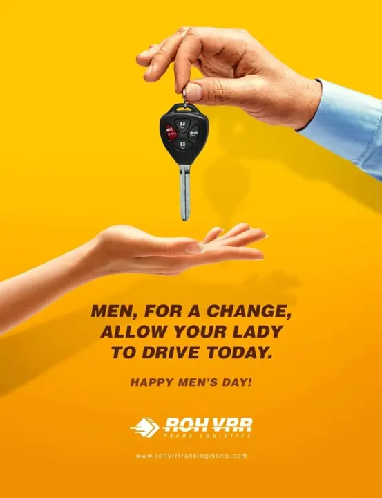 Hands passing car keys: “Men, for a change, allow your lady to drive today.”