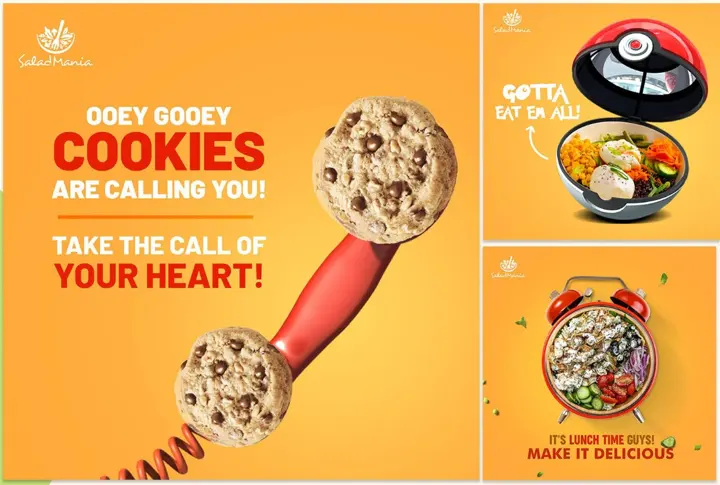 Salad-Mania social post: “Gooey gooey cookies are calling you”.
